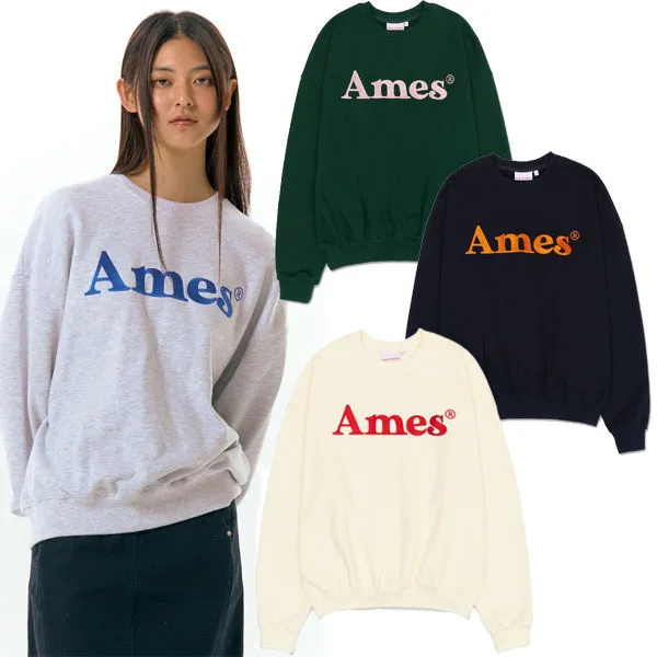 AMES-WORLDWIDE  |Unisex Street Style Plain Oversized Long Sleeve T-shirt Logo