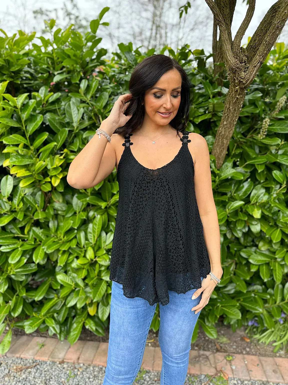 Black Crochet Flower Strap Vest Top Tilly