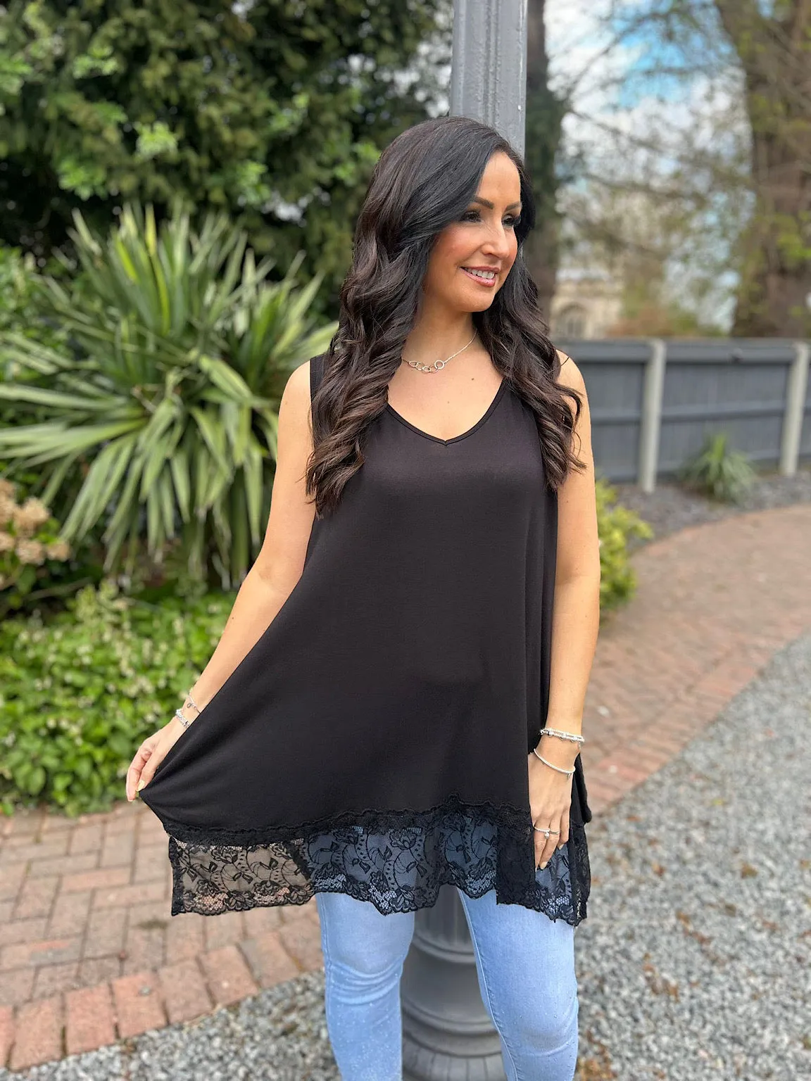 Black V Neck Lace Bottom Vest Thea