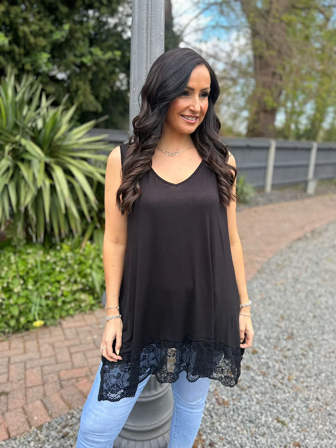 Black V Neck Lace Bottom Vest Thea