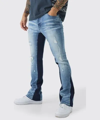 boohooMAN Mens Skinny Stretch Gusset Detail Flared Jeans