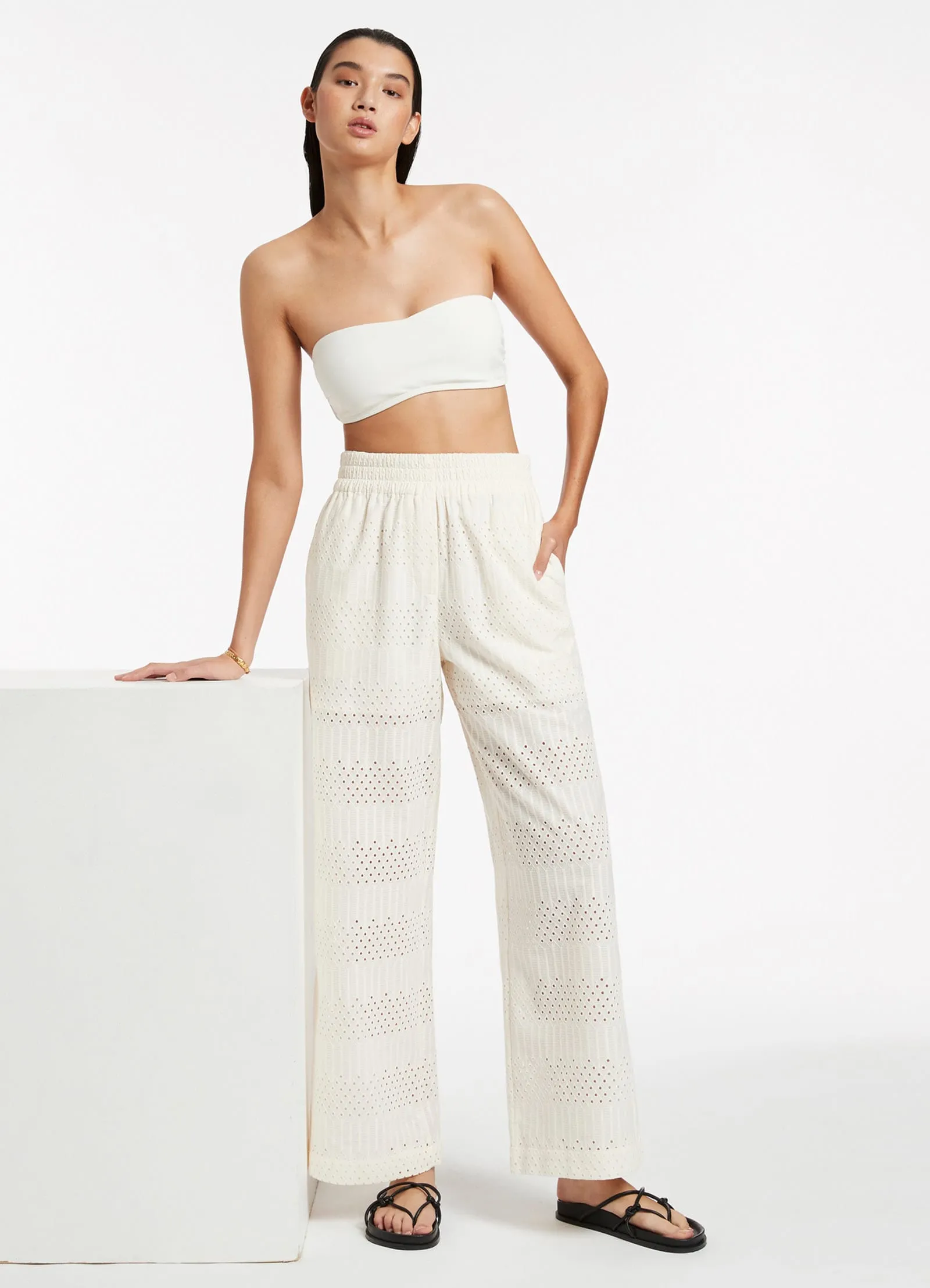 Broderie Wide Leg Pants - Cream