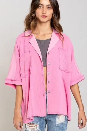 Bubblegum Pink Button Down Short Sleeve