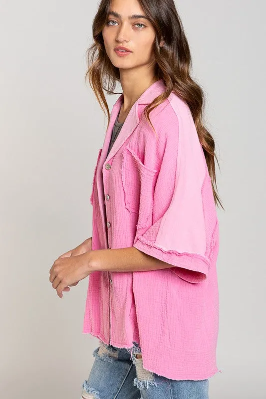 Bubblegum Pink Button Down Short Sleeve