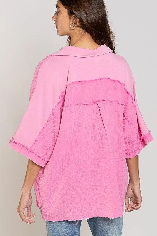 Bubblegum Pink Button Down Short Sleeve