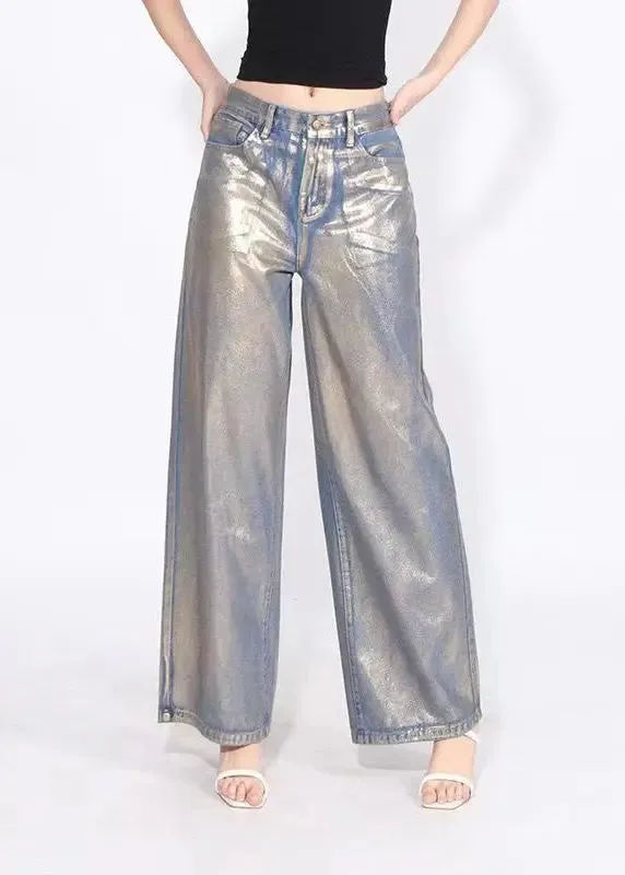 European And American Fashion Hot Stamping High Waisted Wide Leg Jeans Spring HA1047