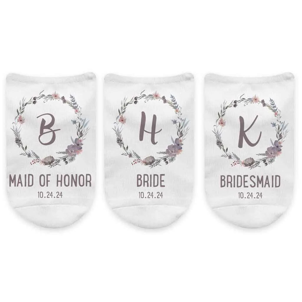 Floral Wedding Monogram No Show Socks for the Bridal Party