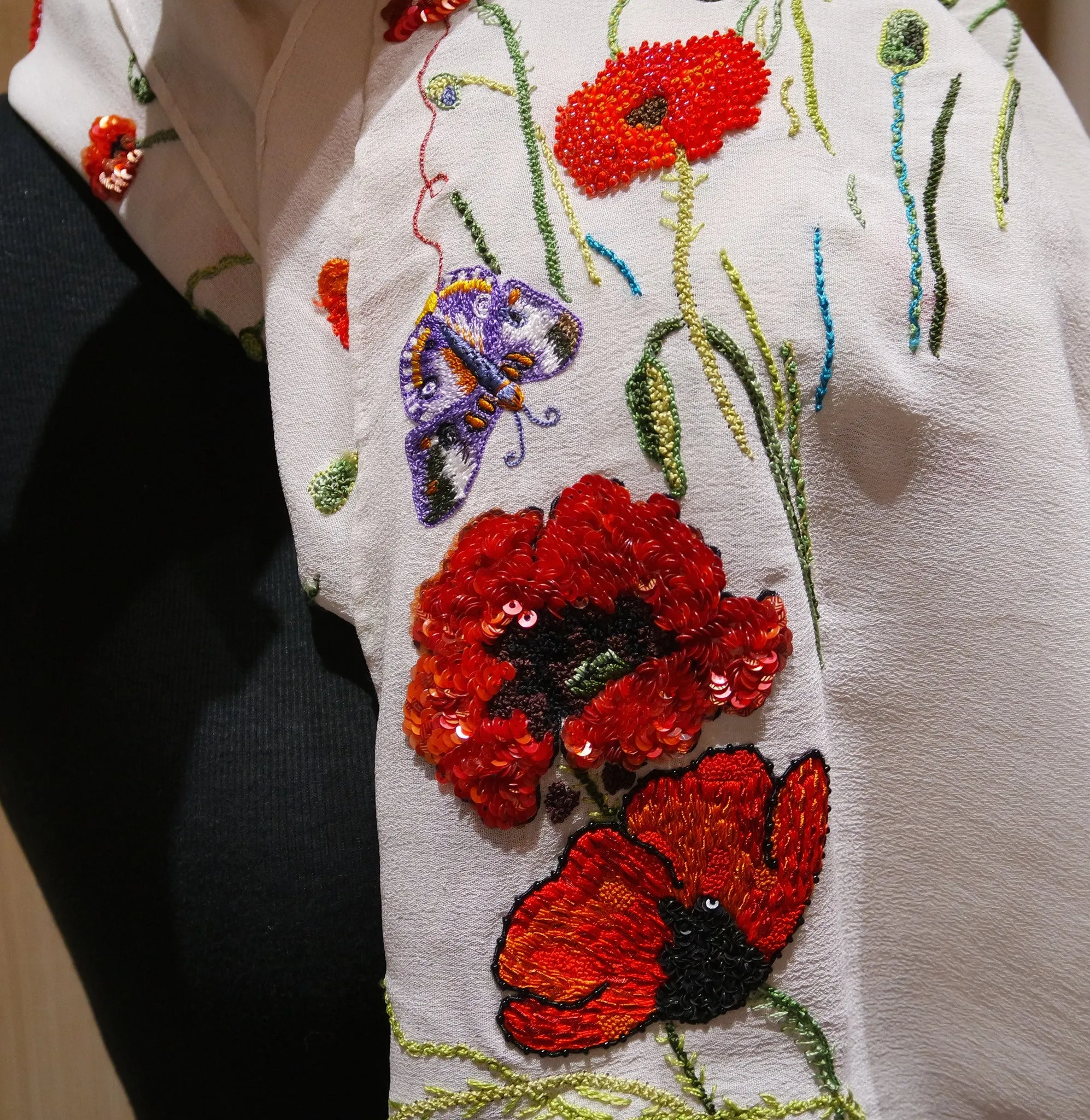 Flying Fig Embroidered Silk Chiffon Scarf with Poppies