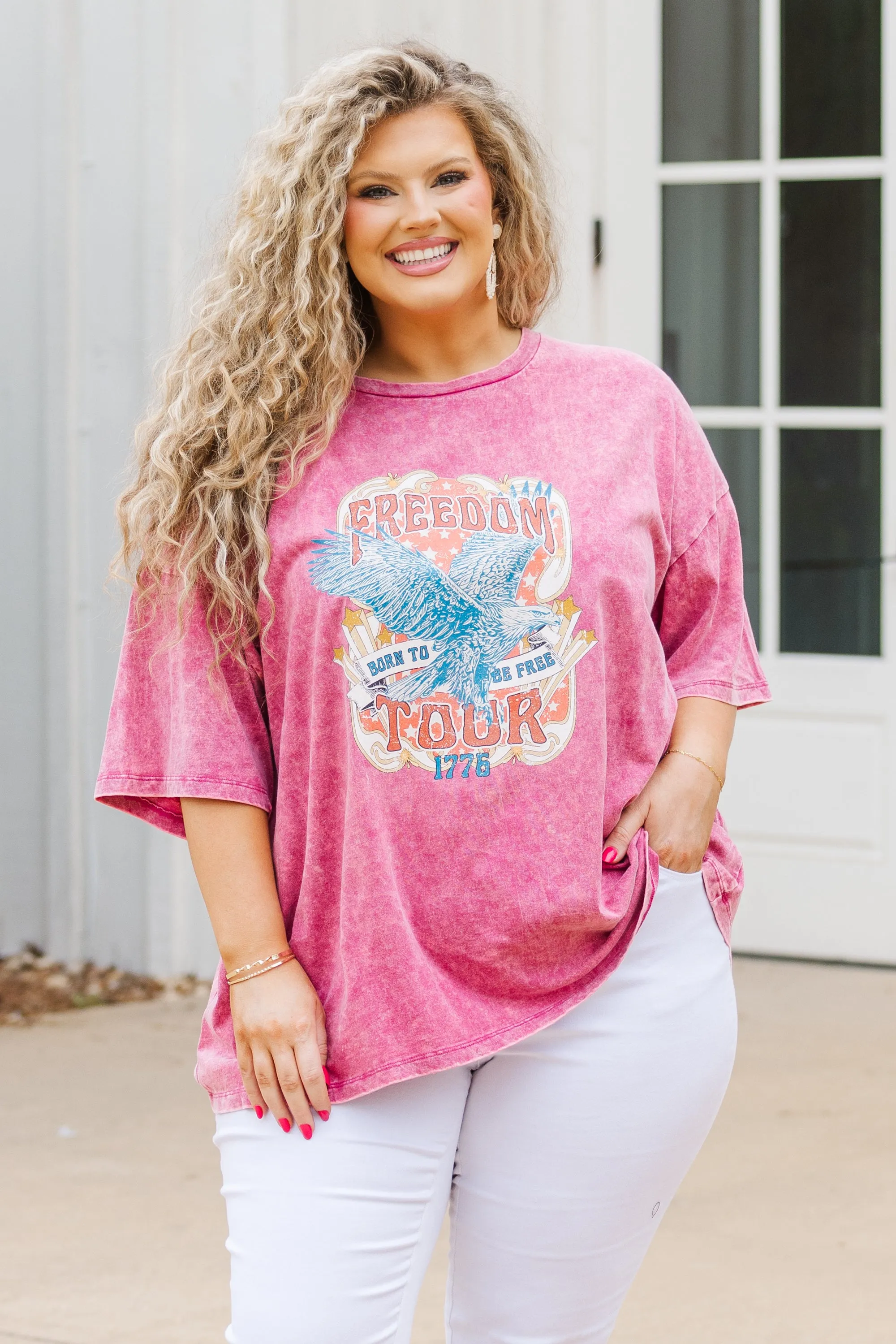 Freedom Acid Wash Boyfriend Tee, Rose