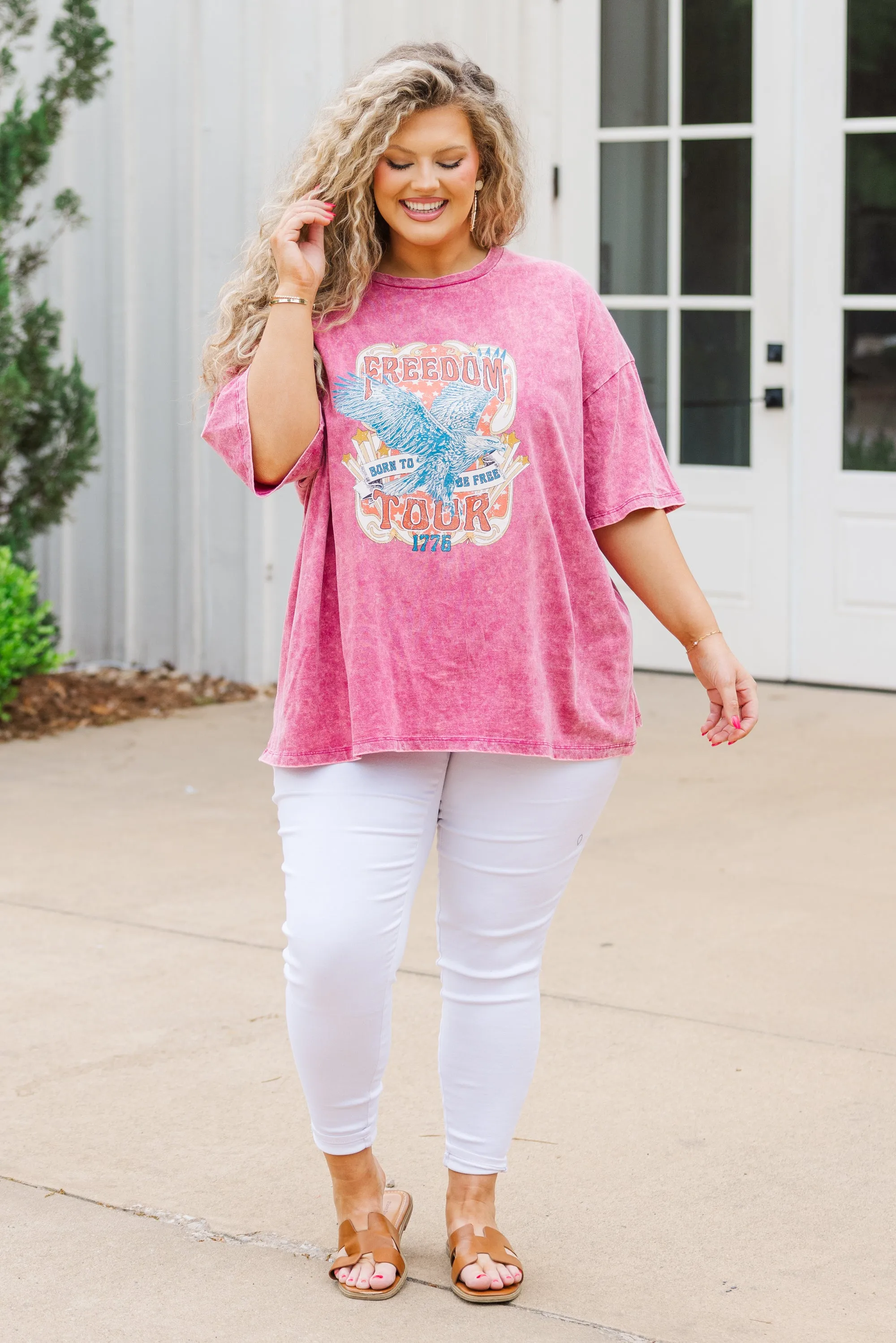 Freedom Acid Wash Boyfriend Tee, Rose