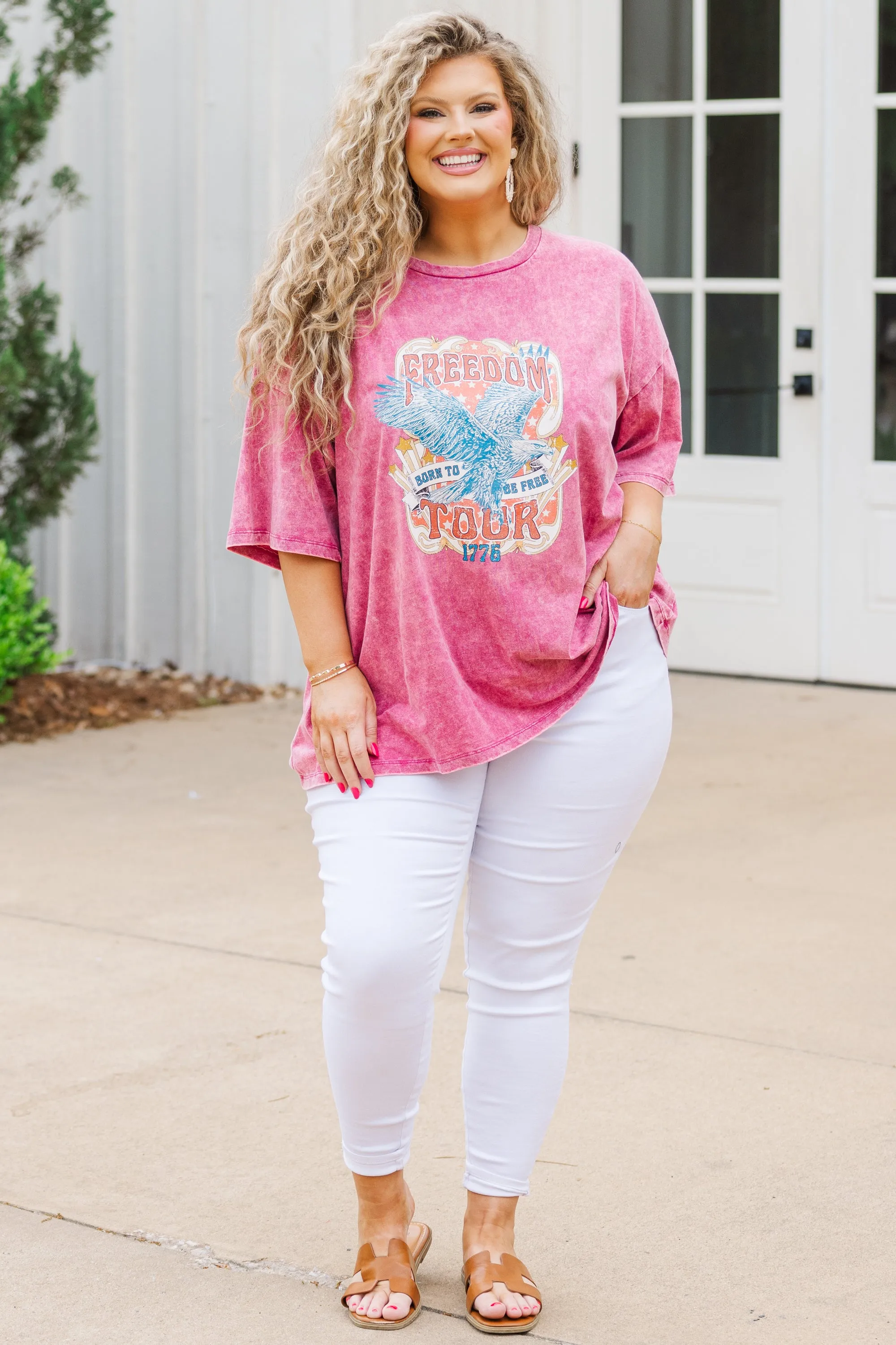 Freedom Acid Wash Boyfriend Tee, Rose