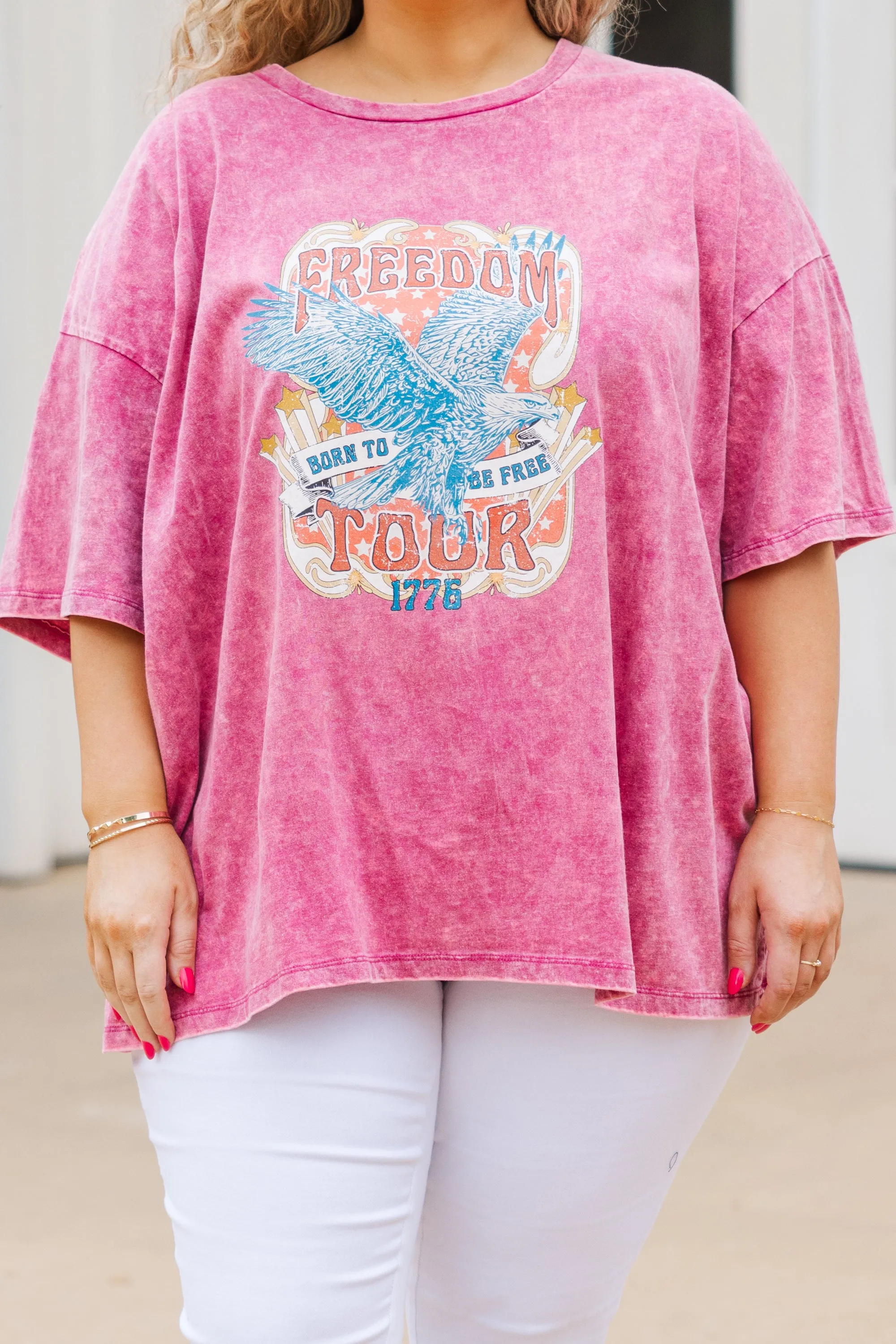 Freedom Acid Wash Boyfriend Tee, Rose