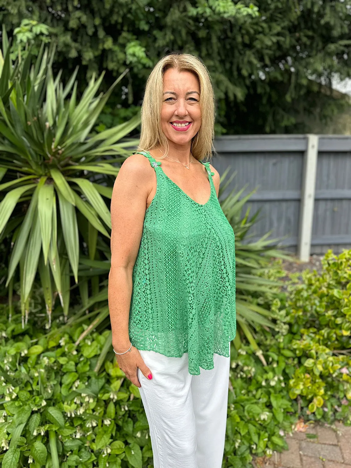 Green Crochet Flower Strap Vest Top Tilly