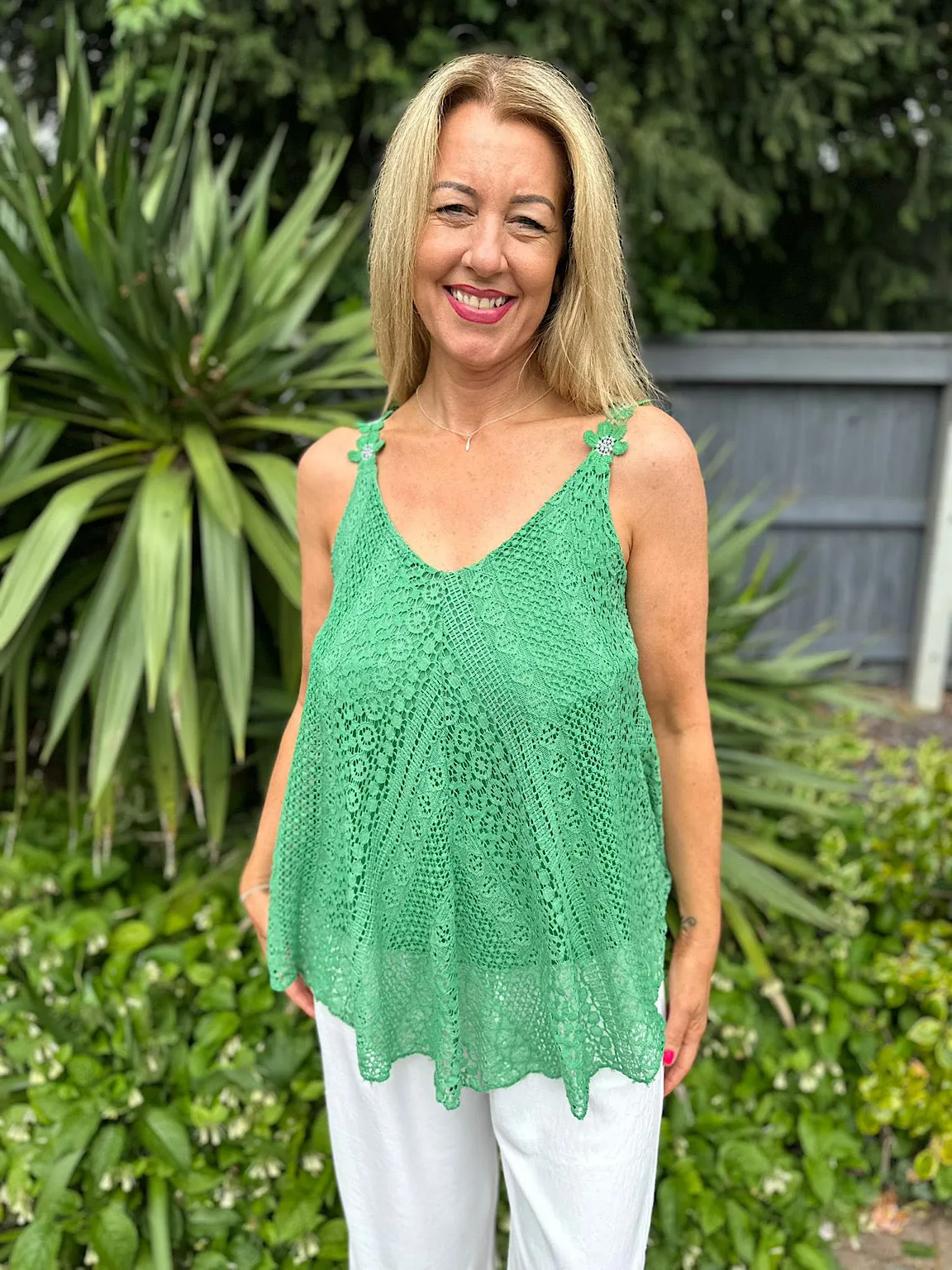 Green Crochet Flower Strap Vest Top Tilly