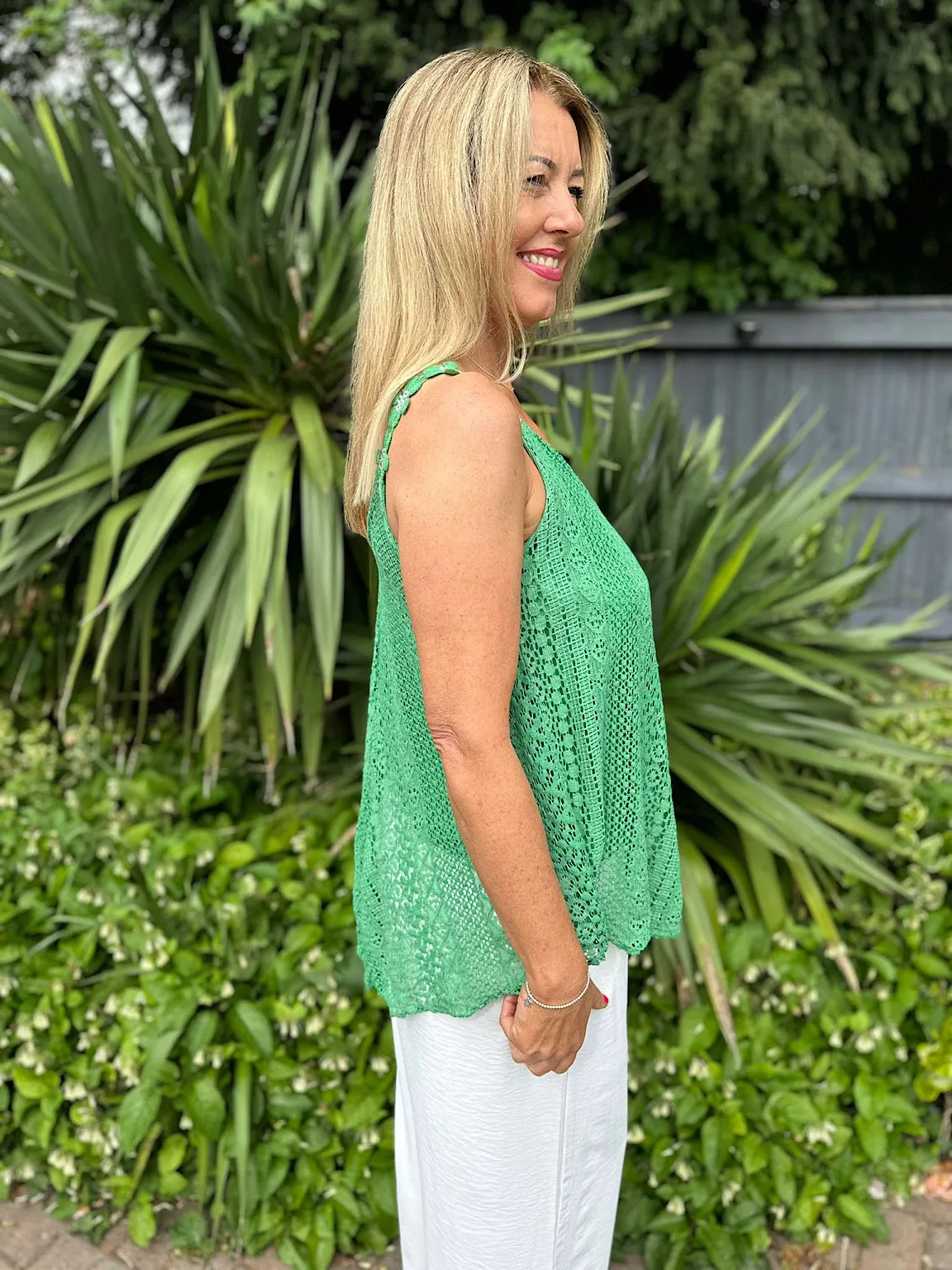 Green Crochet Flower Strap Vest Top Tilly