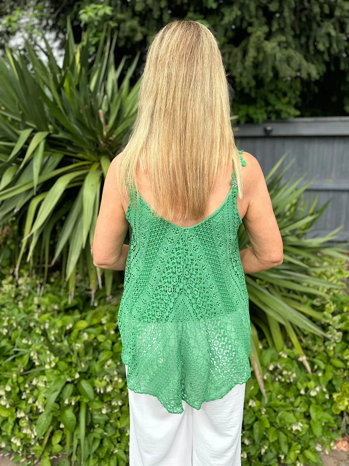 Green Crochet Flower Strap Vest Top Tilly