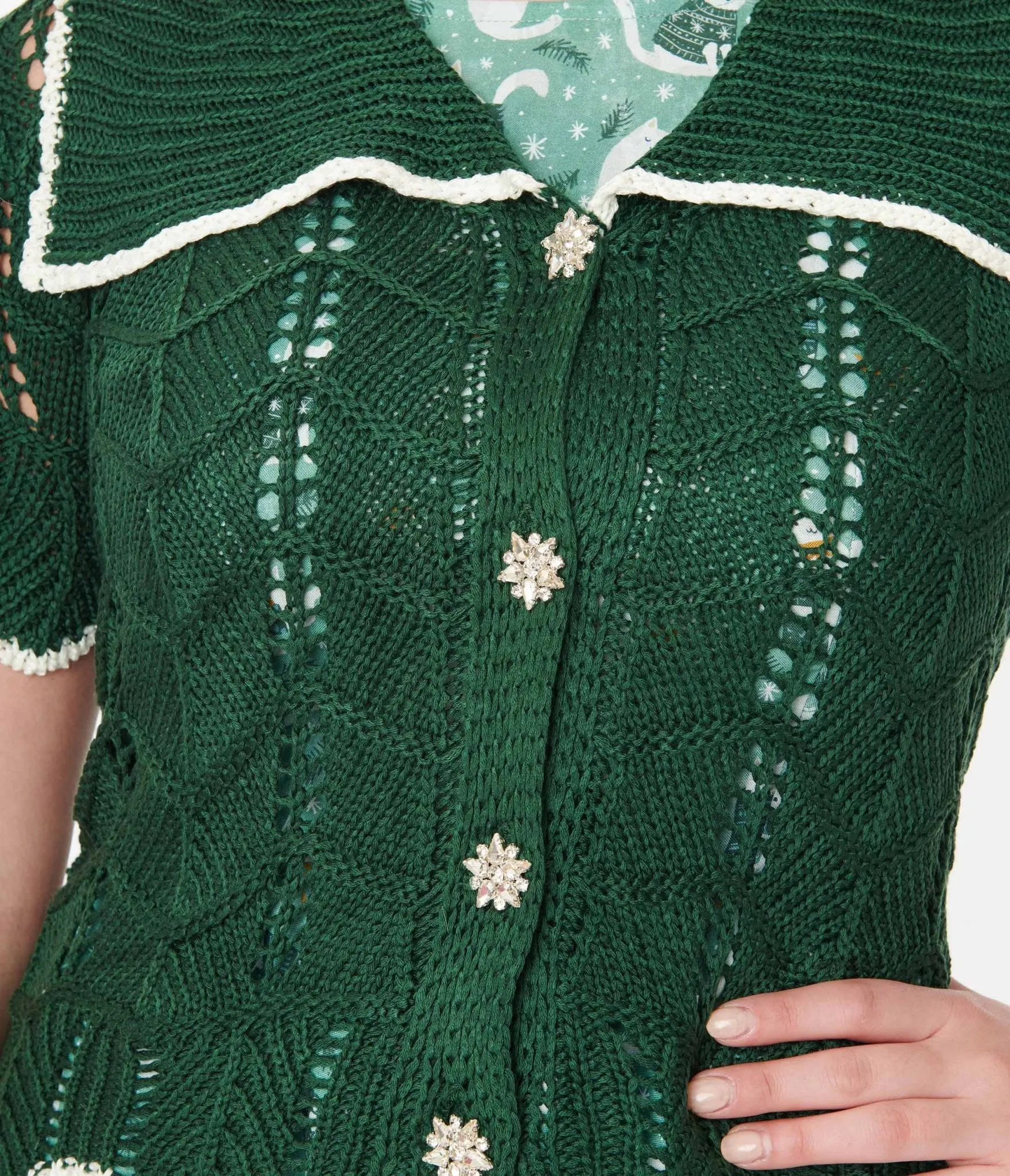 Green Perforated Knit Cardigan