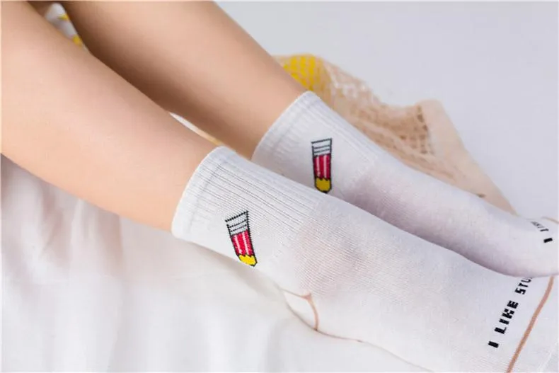 Harajuku Style Ladies Socks for All Seasons in Pencil Dinosaur Print