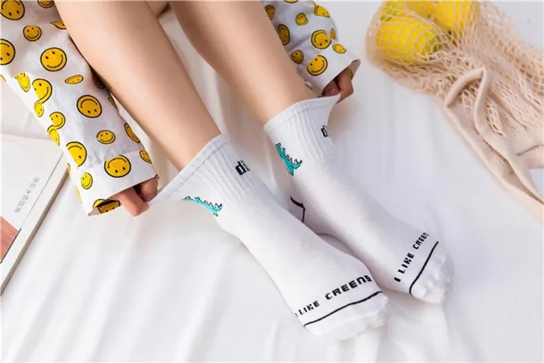 Harajuku Style Ladies Socks for All Seasons in Pencil Dinosaur Print