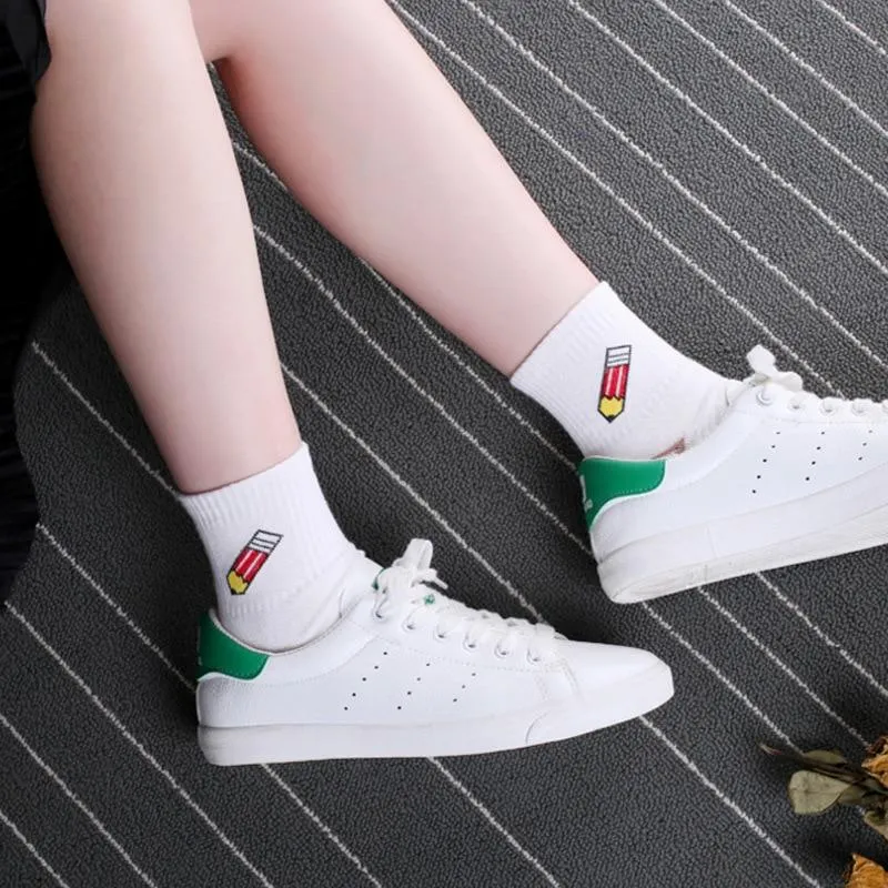 Harajuku Style Ladies Socks for All Seasons in Pencil Dinosaur Print