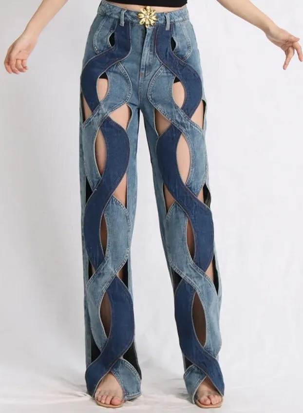 Innovative Casual Denim Jeans For Women High Waist Hollow Out Twist Floral Straight Jeans