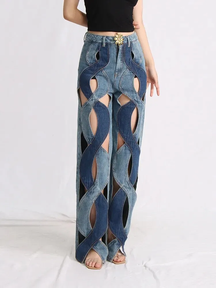 Innovative Casual Denim Jeans For Women High Waist Hollow Out Twist Floral Straight Jeans