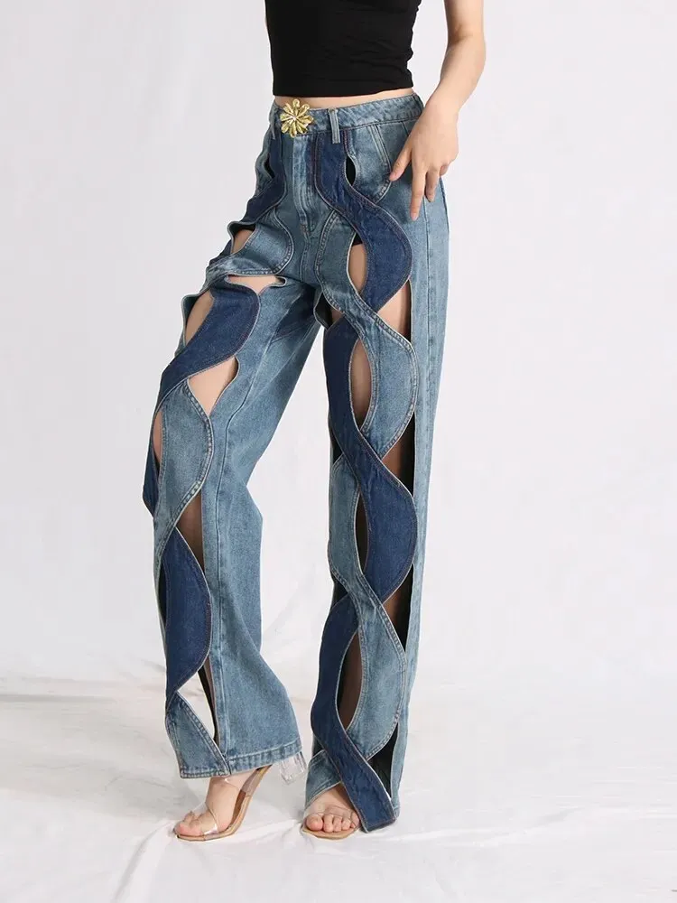 Innovative Casual Denim Jeans For Women High Waist Hollow Out Twist Floral Straight Jeans