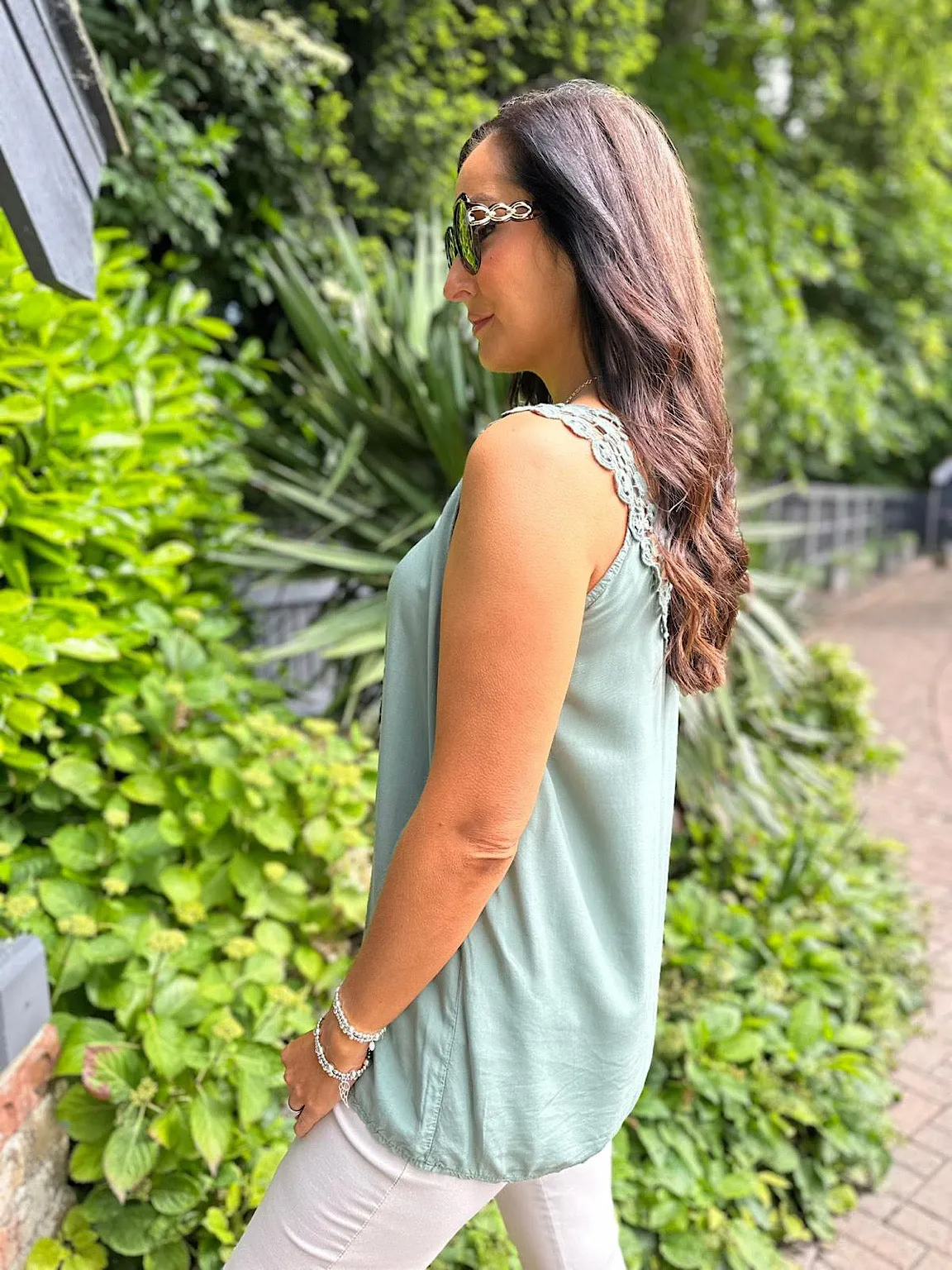 Khaki Floral Lace Back Vest Beth