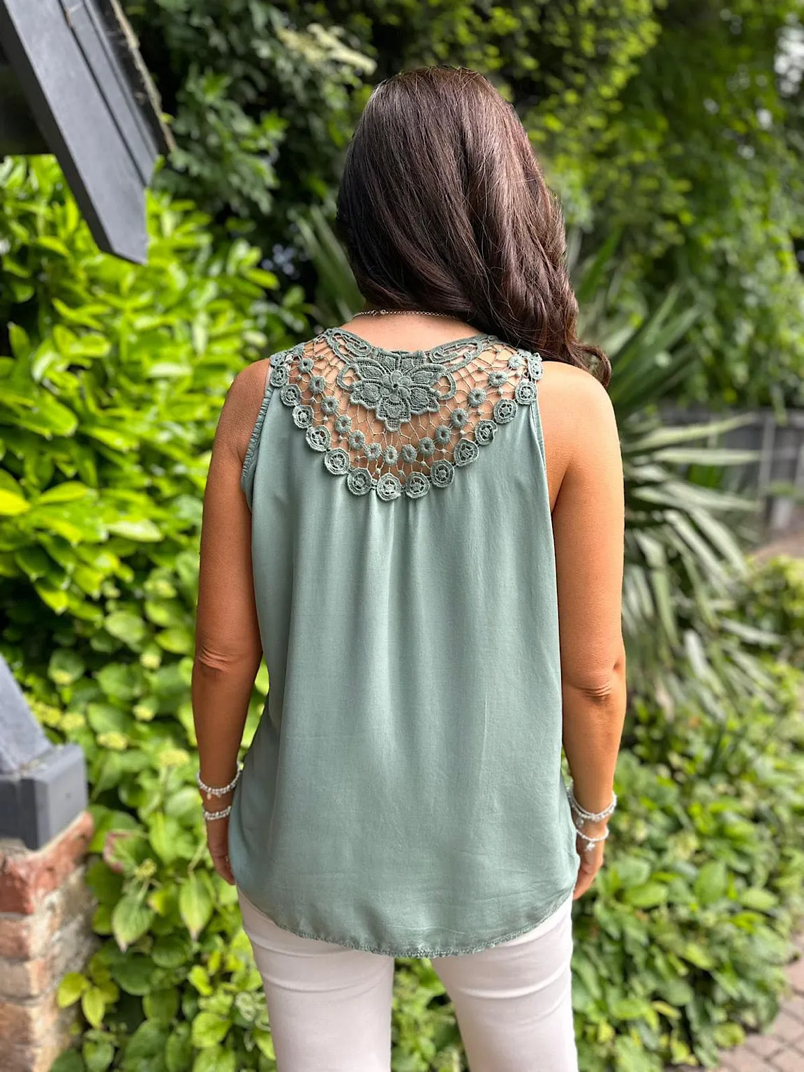 Khaki Floral Lace Back Vest Beth