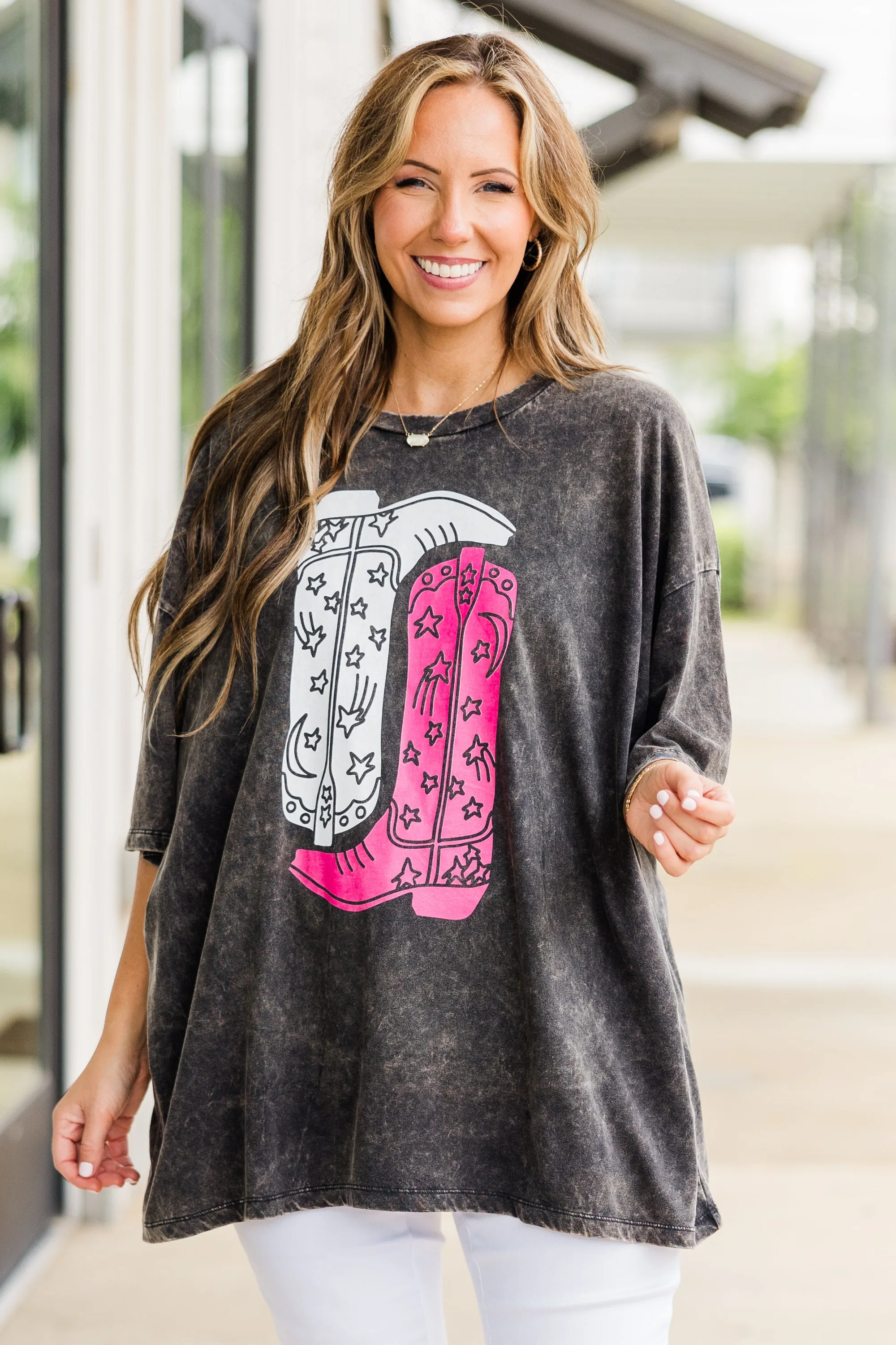 Let's Go Girls Acid Wash Boyfriend Tee, Ash Black