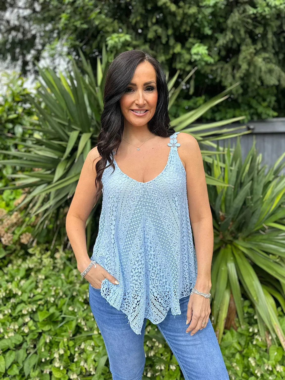 Light Blue Crochet Flower Strap Vest Top Tilly