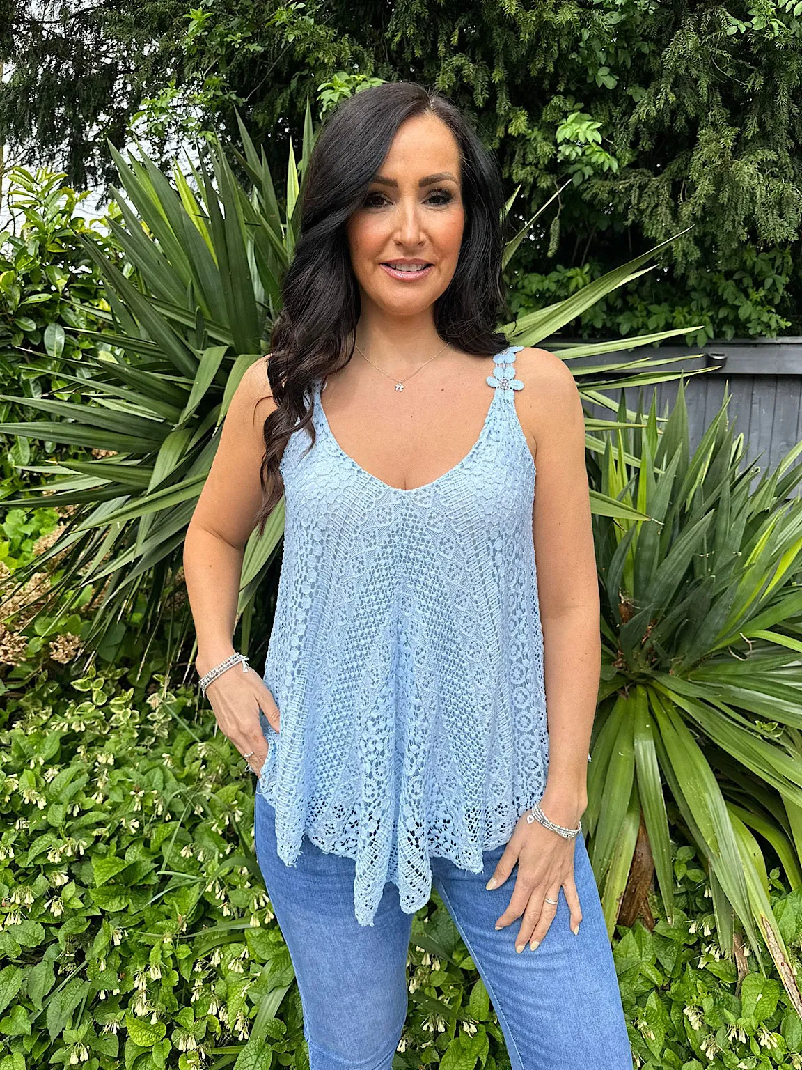 Light Blue Crochet Flower Strap Vest Top Tilly