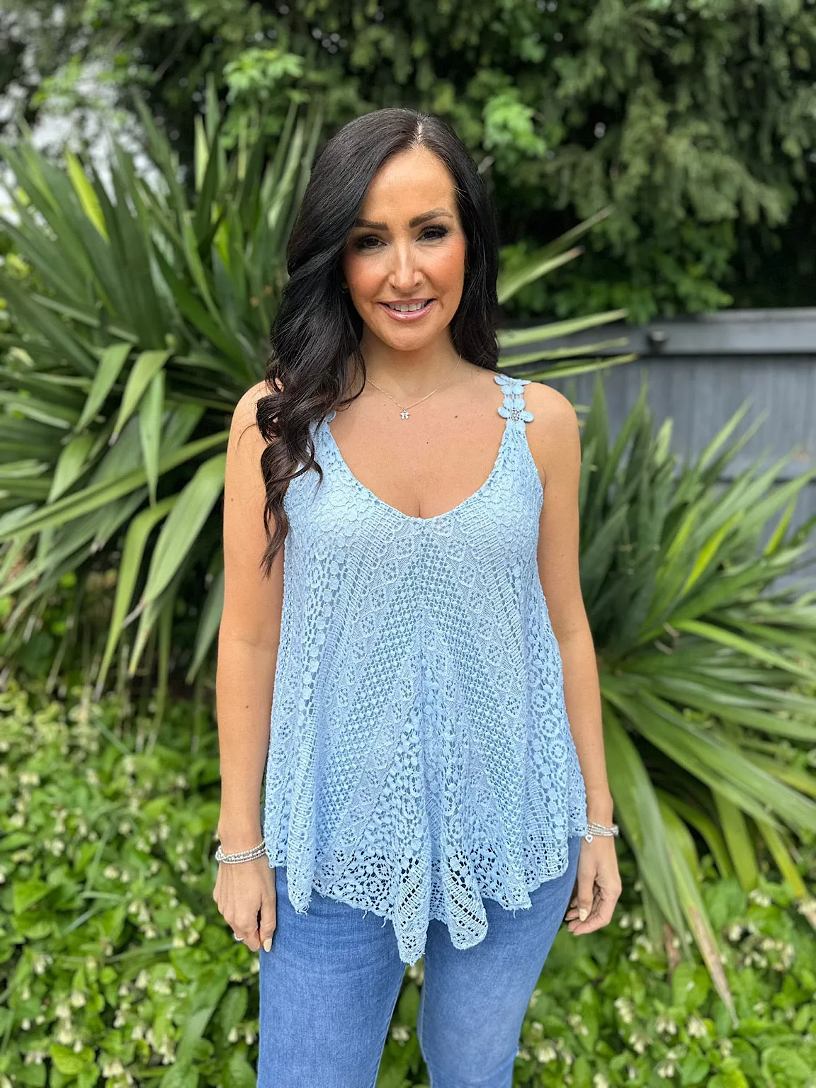 Light Blue Crochet Flower Strap Vest Top Tilly