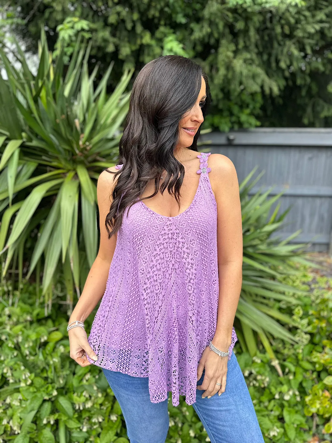 Lilac Crochet Flower Strap Vest Top Tilly