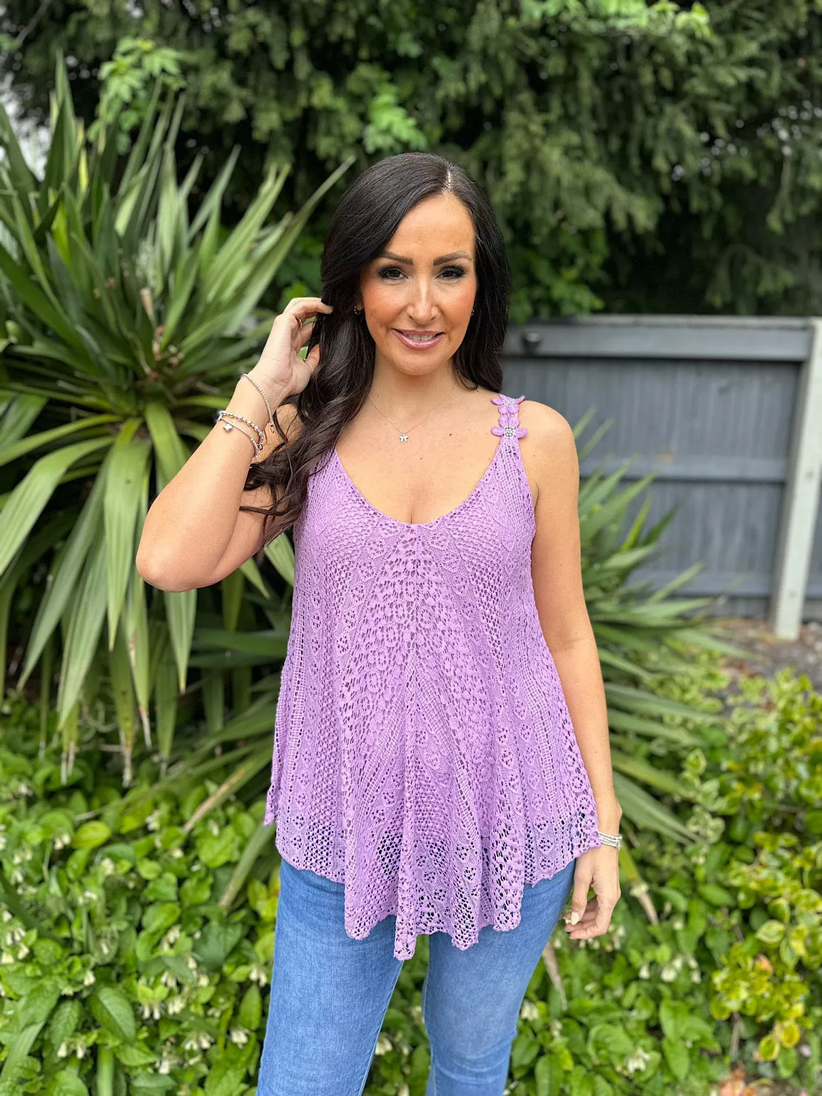 Lilac Crochet Flower Strap Vest Top Tilly