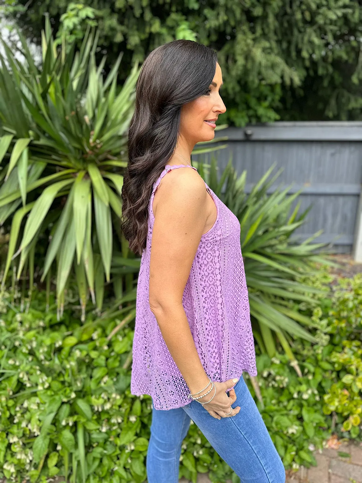 Lilac Crochet Flower Strap Vest Top Tilly