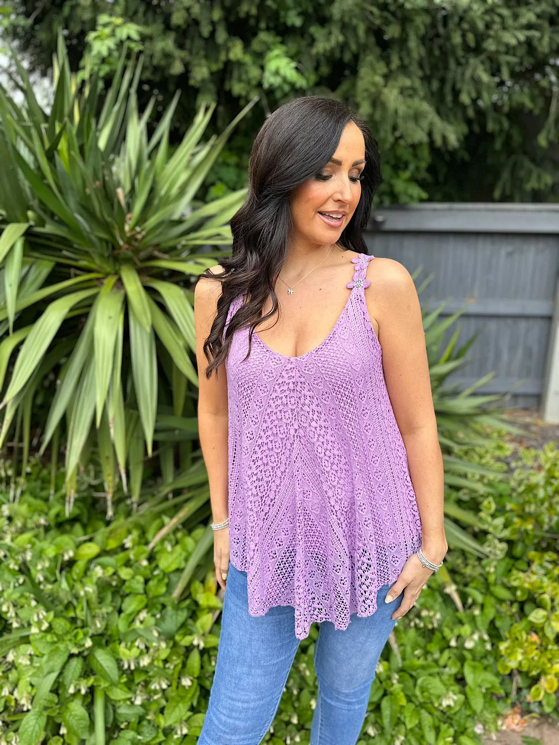 Lilac Crochet Flower Strap Vest Top Tilly