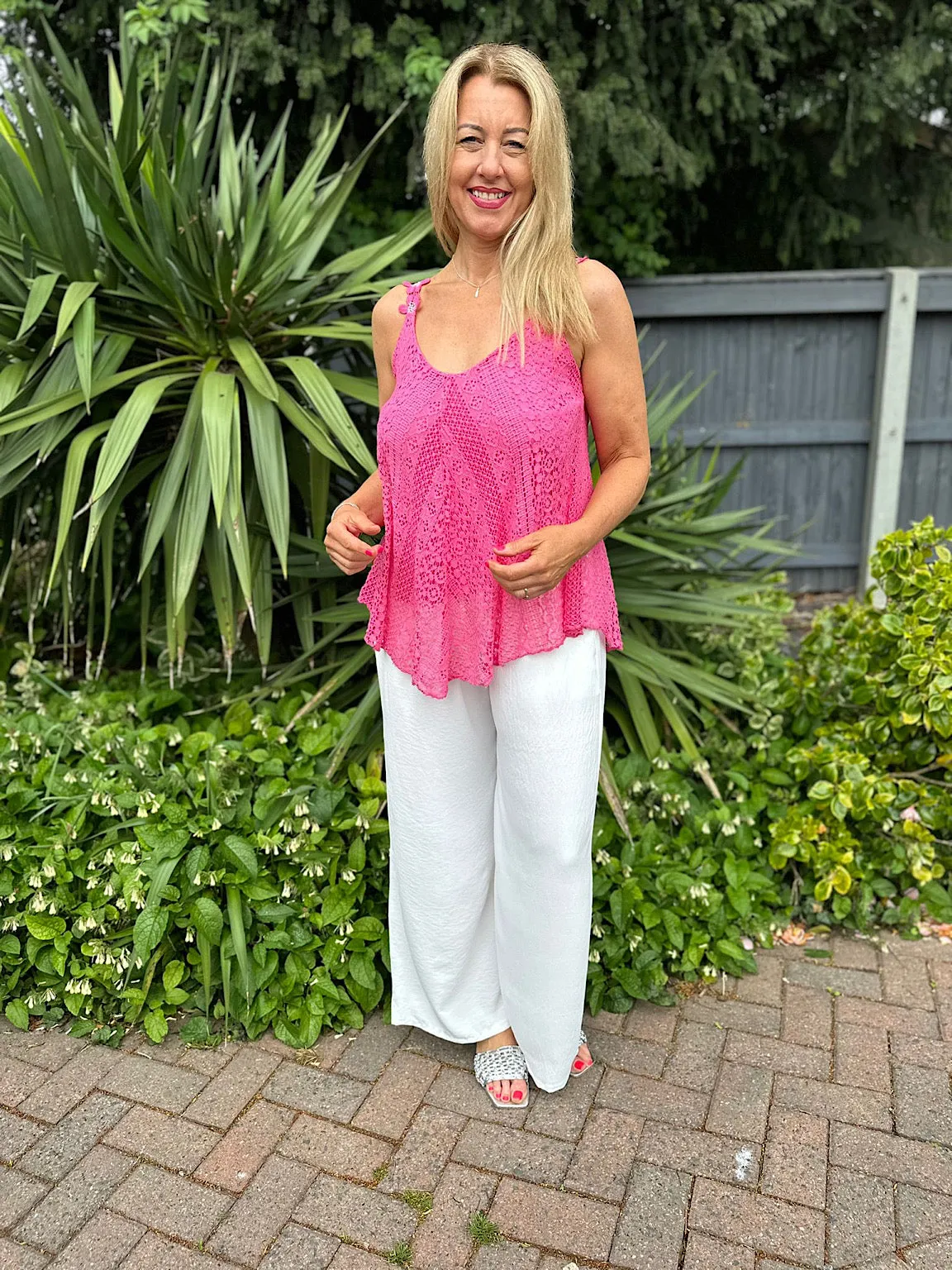 Lipstick Pink Crochet Flower Strap Vest Top Tilly