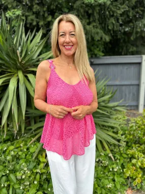 Lipstick Pink Crochet Flower Strap Vest Top Tilly