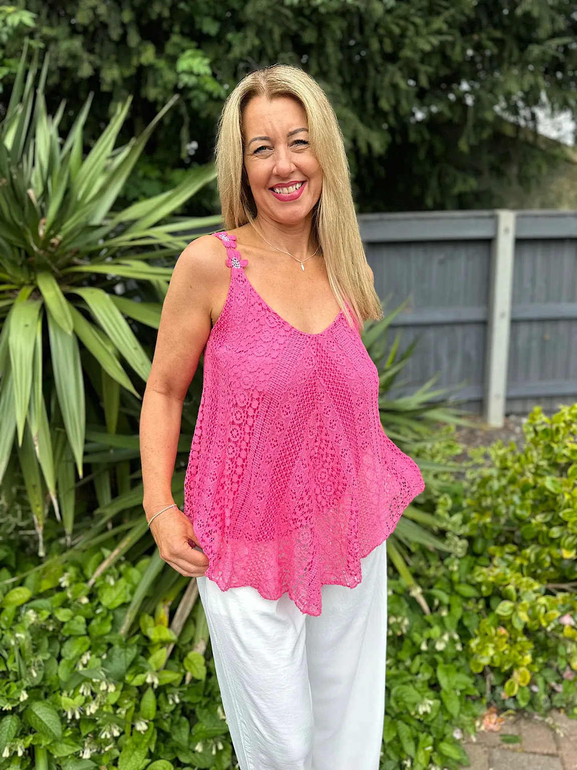 Lipstick Pink Crochet Flower Strap Vest Top Tilly