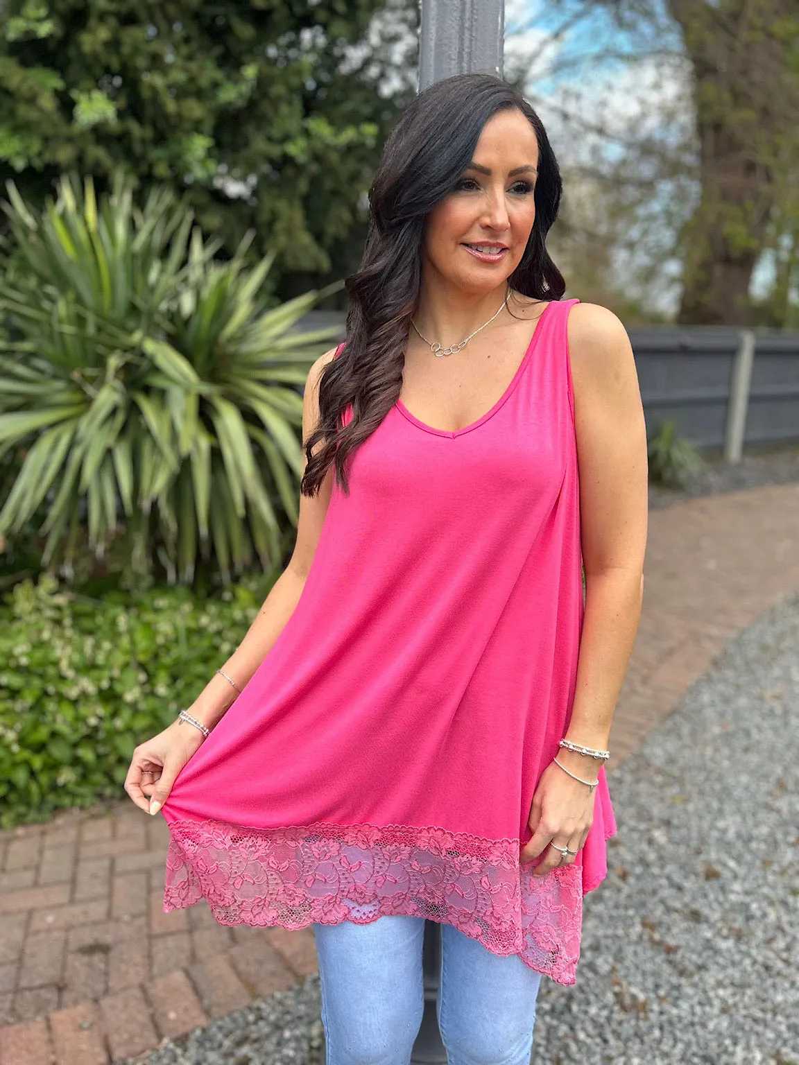 Lipstick Pink V Neck Lace Bottom Vest Thea