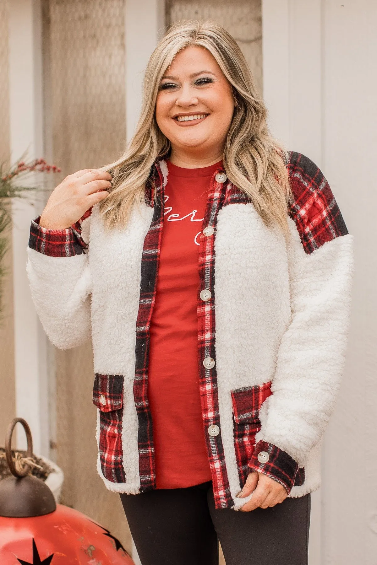 Living For This Moment Plaid Button Sherpa- Ivory