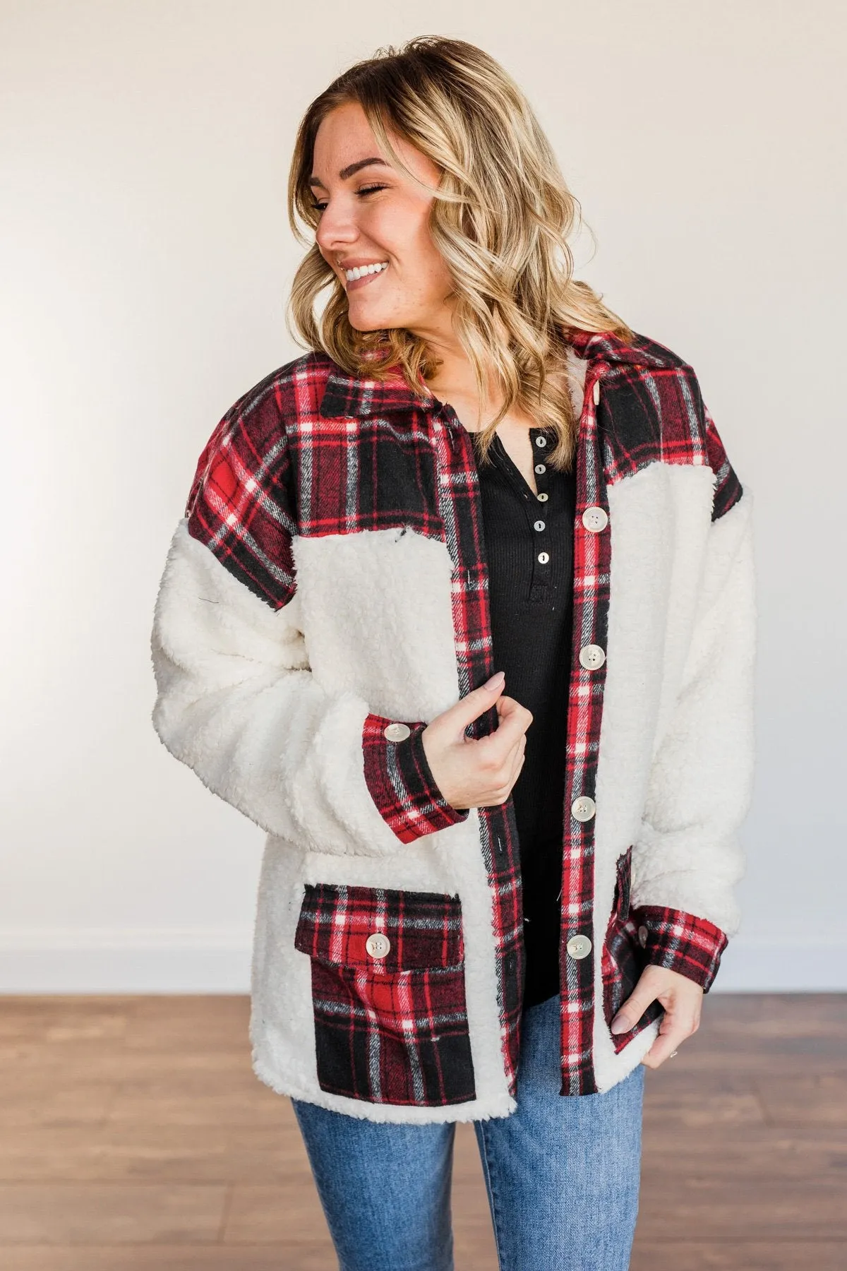 Living For This Moment Plaid Button Sherpa- Ivory