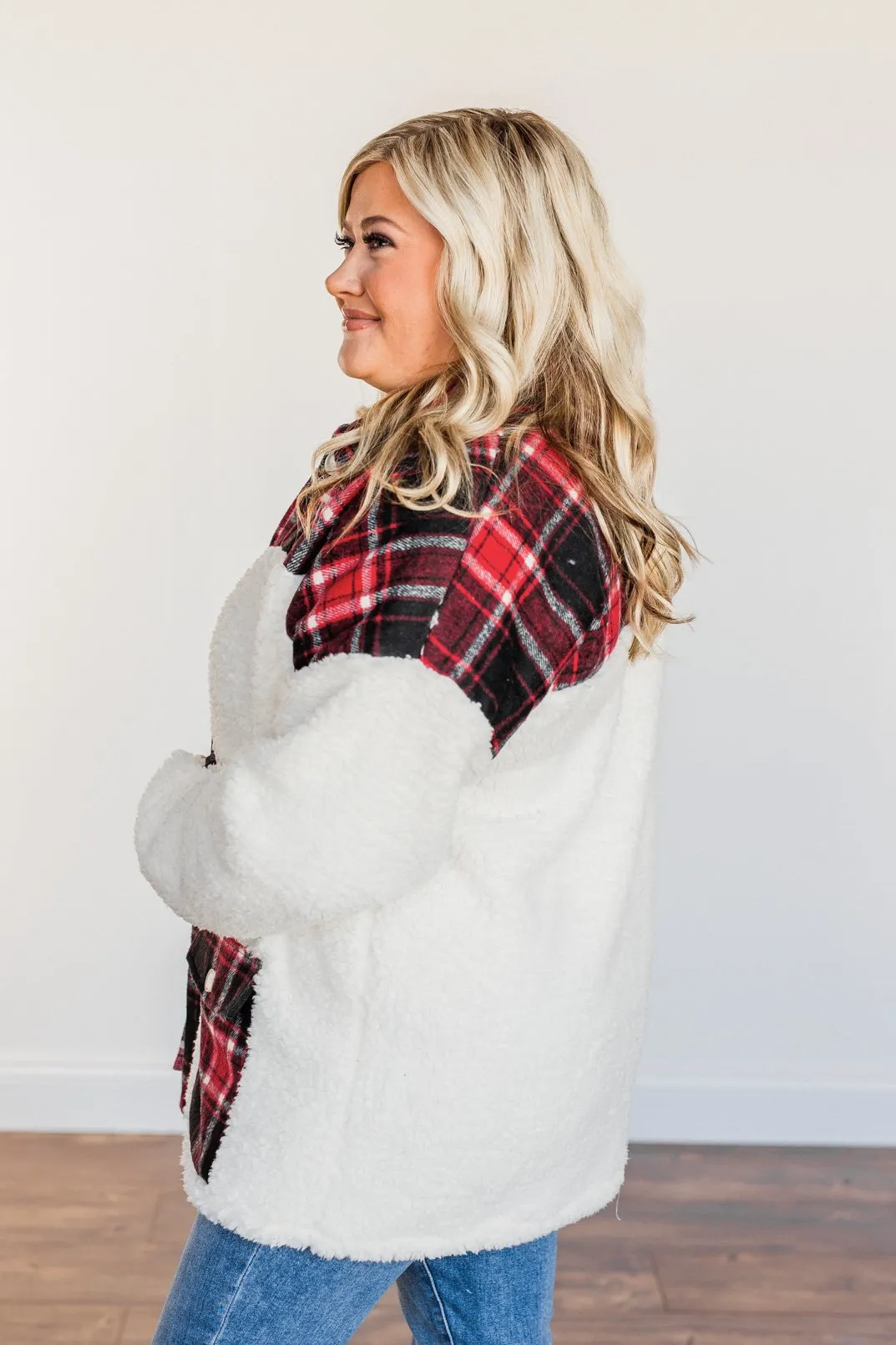 Living For This Moment Plaid Button Sherpa- Ivory