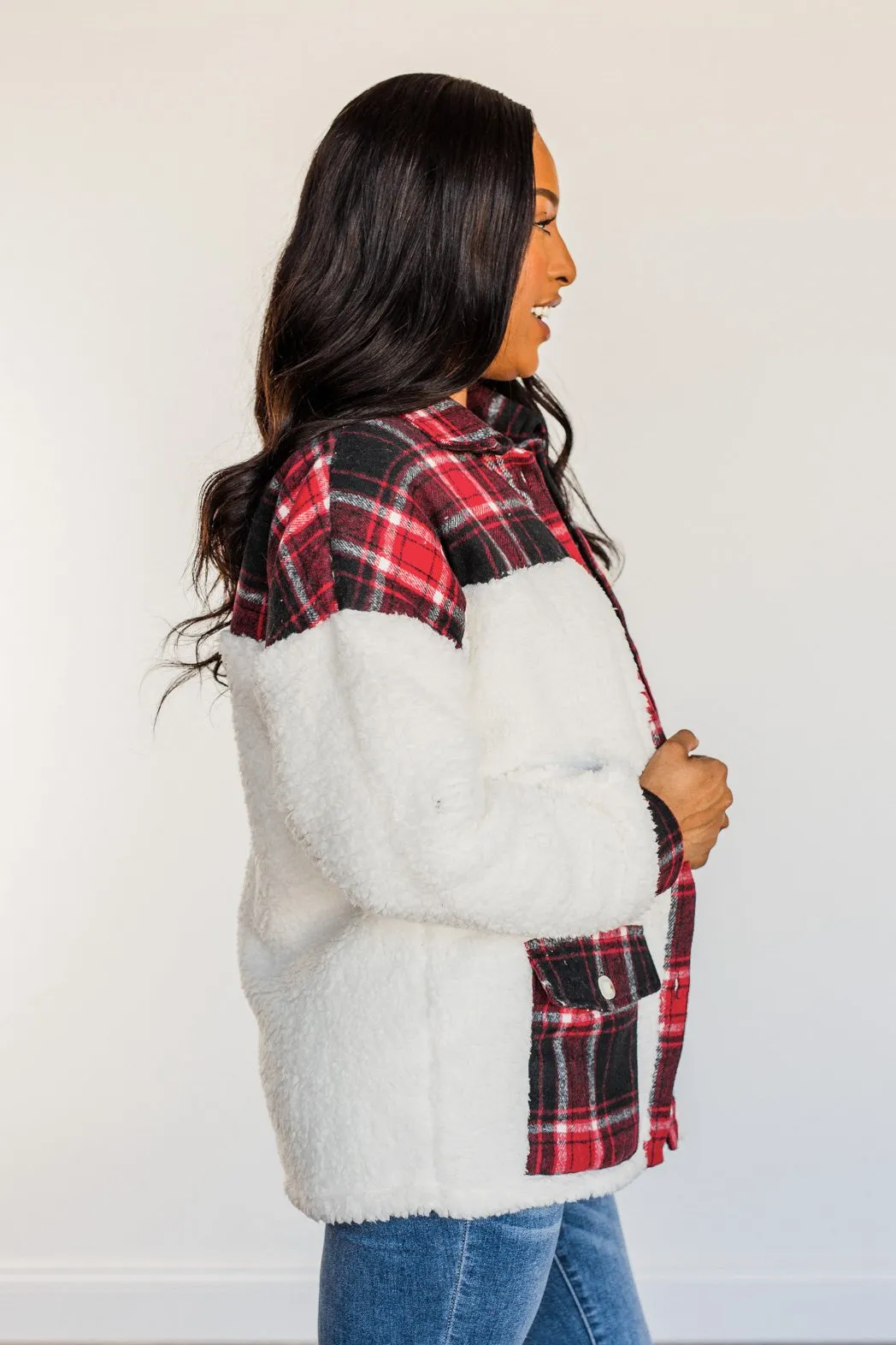 Living For This Moment Plaid Button Sherpa- Ivory