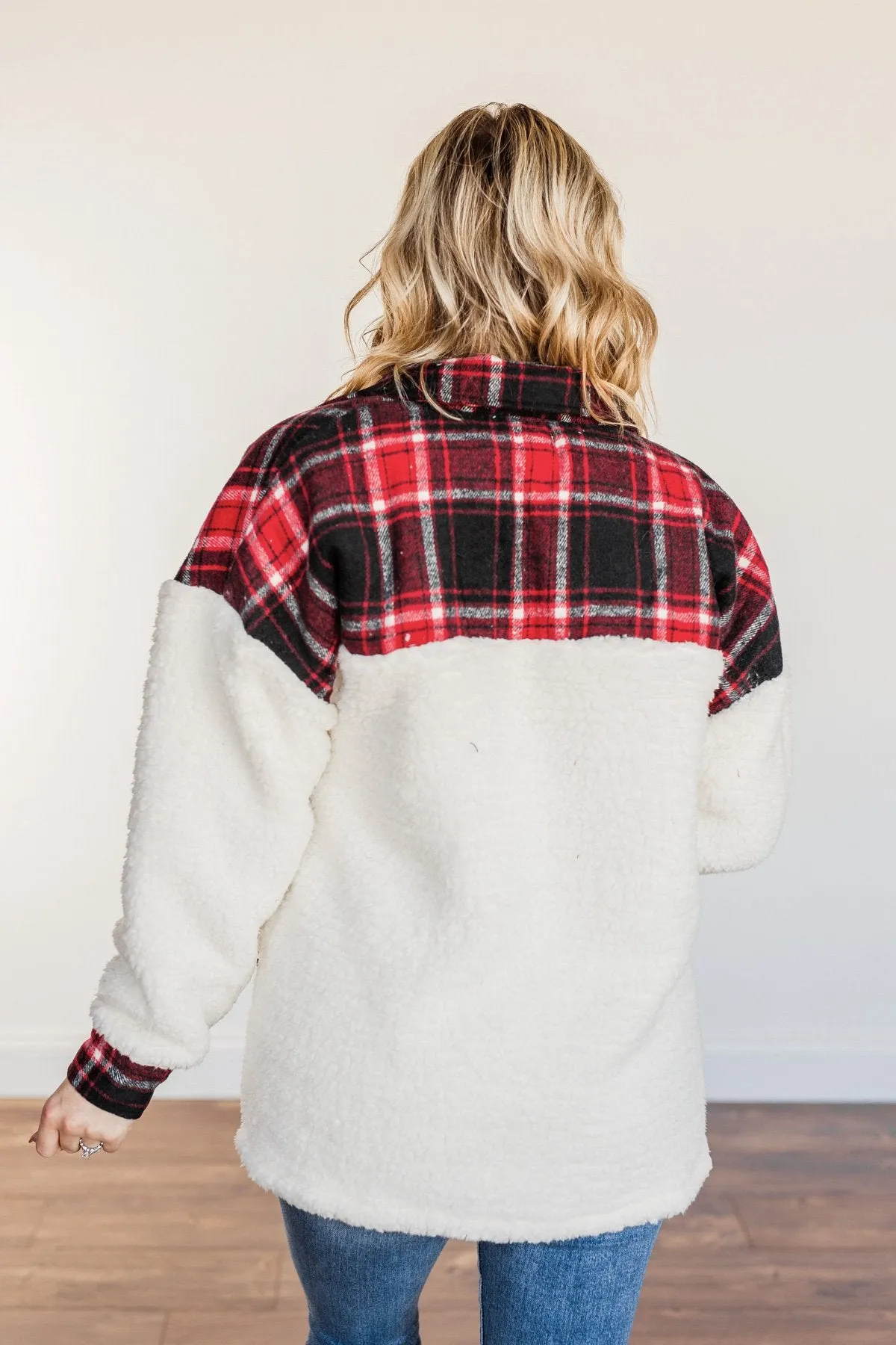 Living For This Moment Plaid Button Sherpa- Ivory