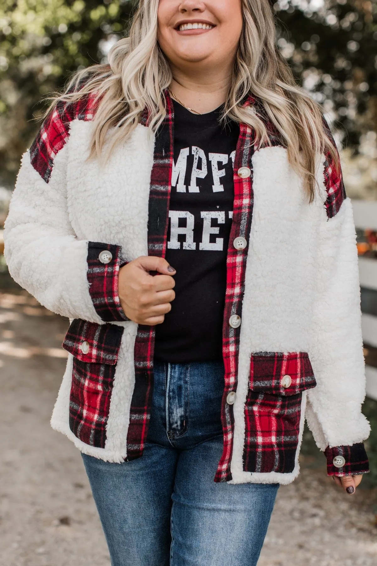 Living For This Moment Plaid Button Sherpa- Ivory