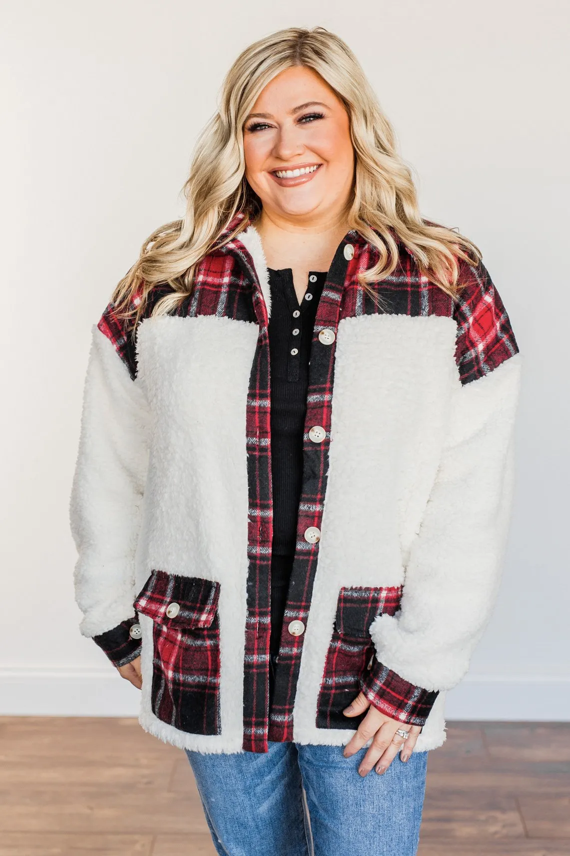 Living For This Moment Plaid Button Sherpa- Ivory