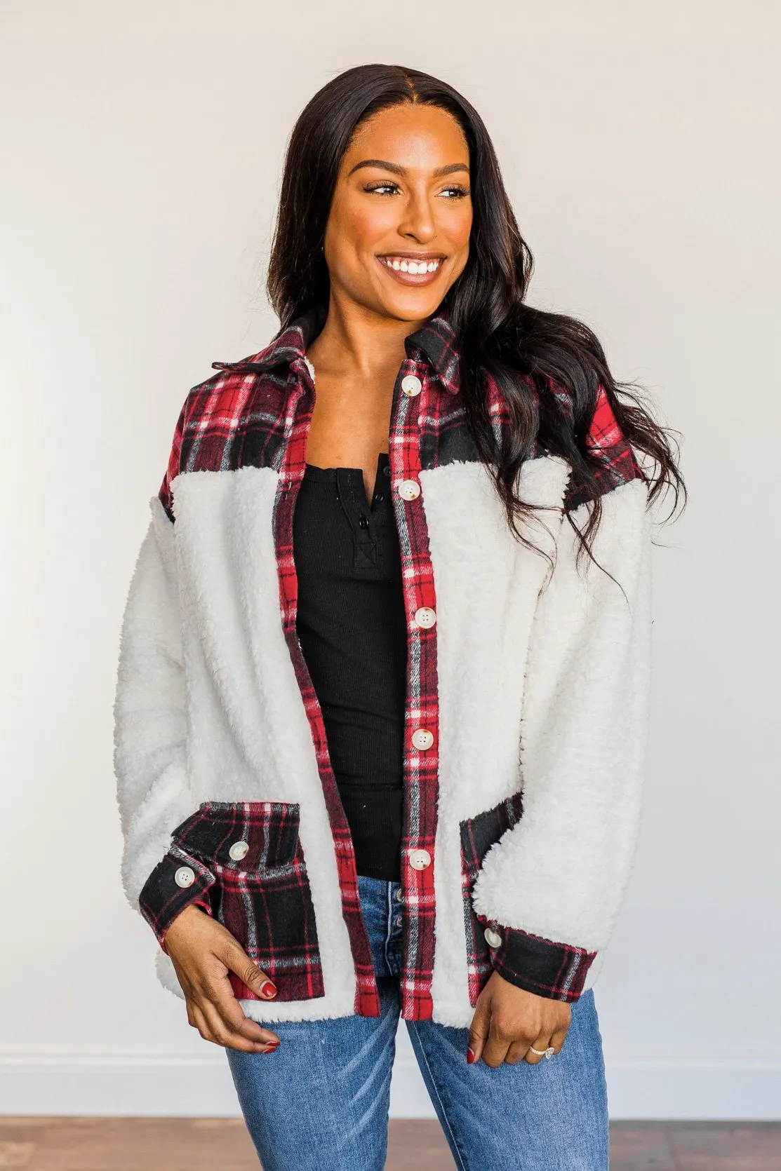 Living For This Moment Plaid Button Sherpa- Ivory