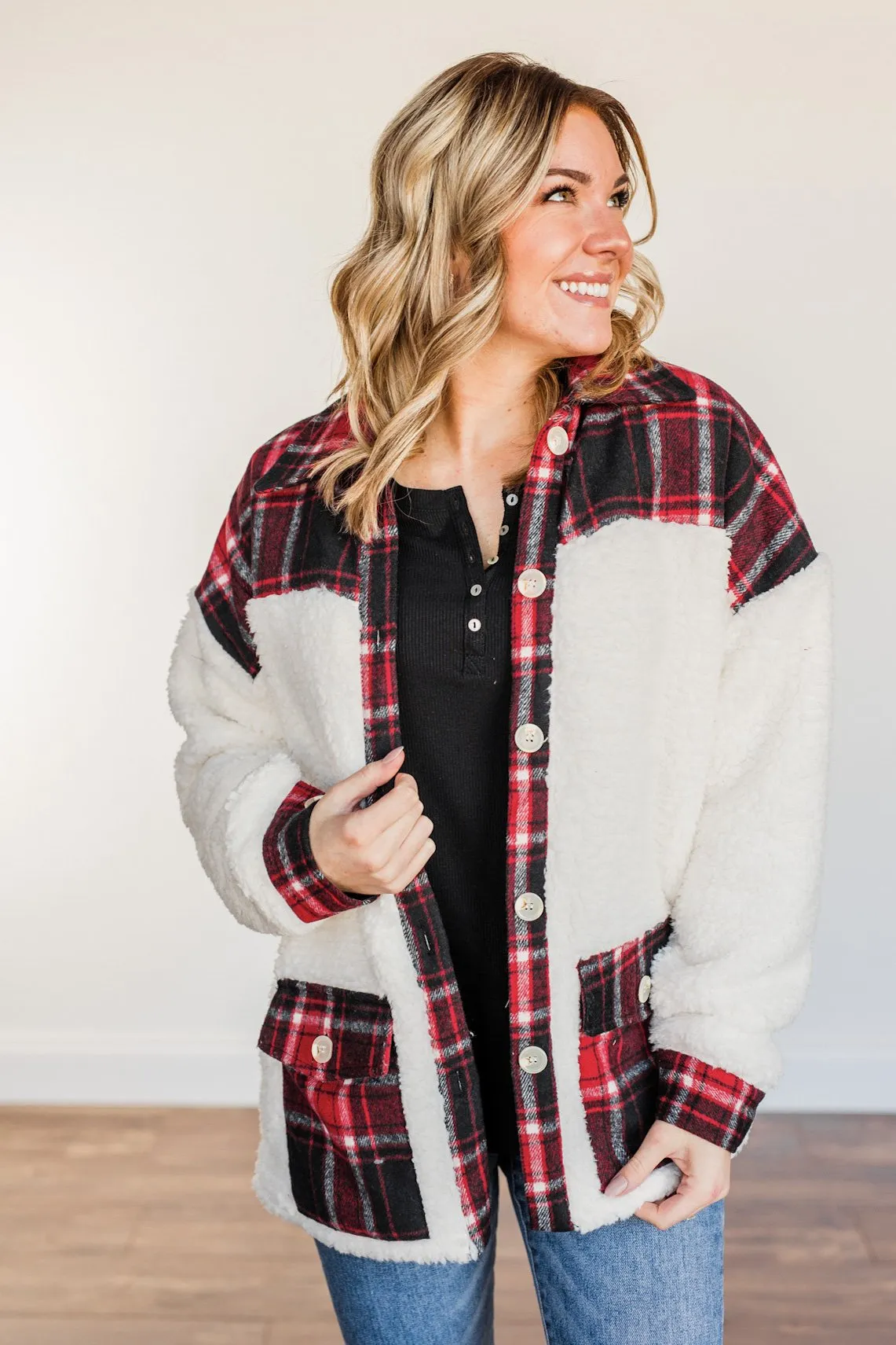 Living For This Moment Plaid Button Sherpa- Ivory